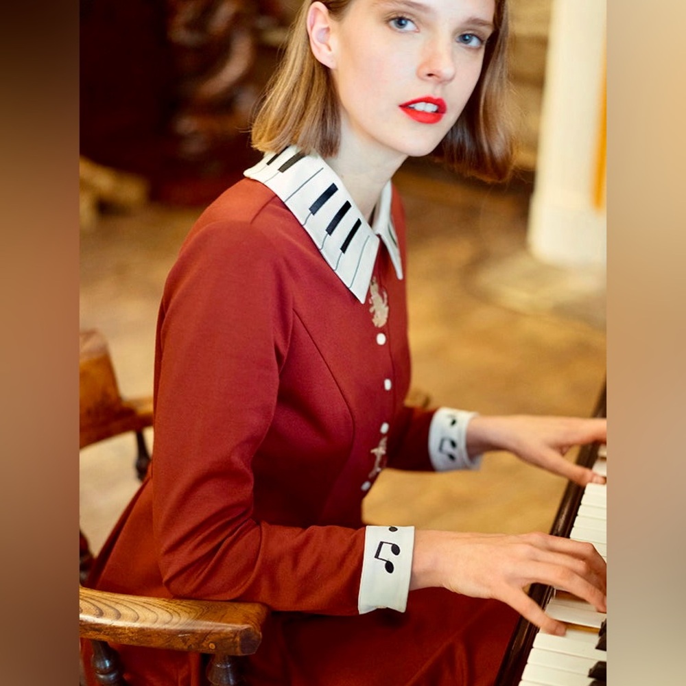 Miss Patina London Kitten Melody Dress Wine Red Burgundy Piano Button Up Frock S